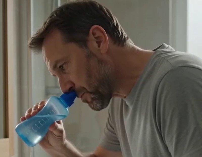 Un homme se rince le nez avec une bouteille de lavage nasal