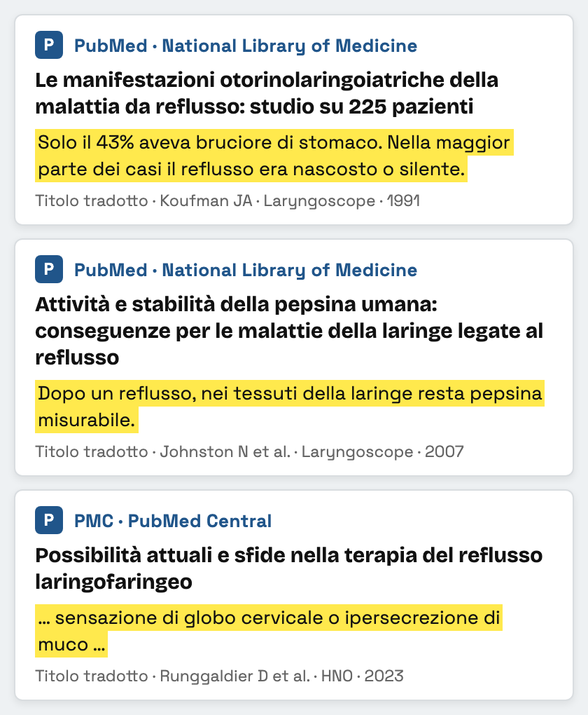 Tre schede di studi una sotto l'altra, ognuna con fonte, titolo e una frase evidenziata in giallo