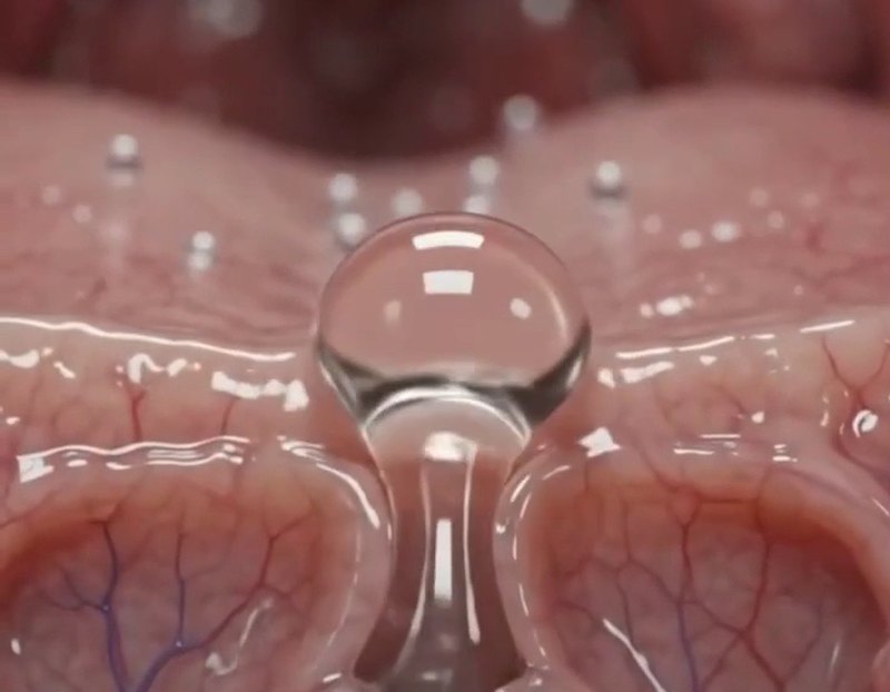 La mucosa della gola da vicino: ne esce una goccia di muco denso