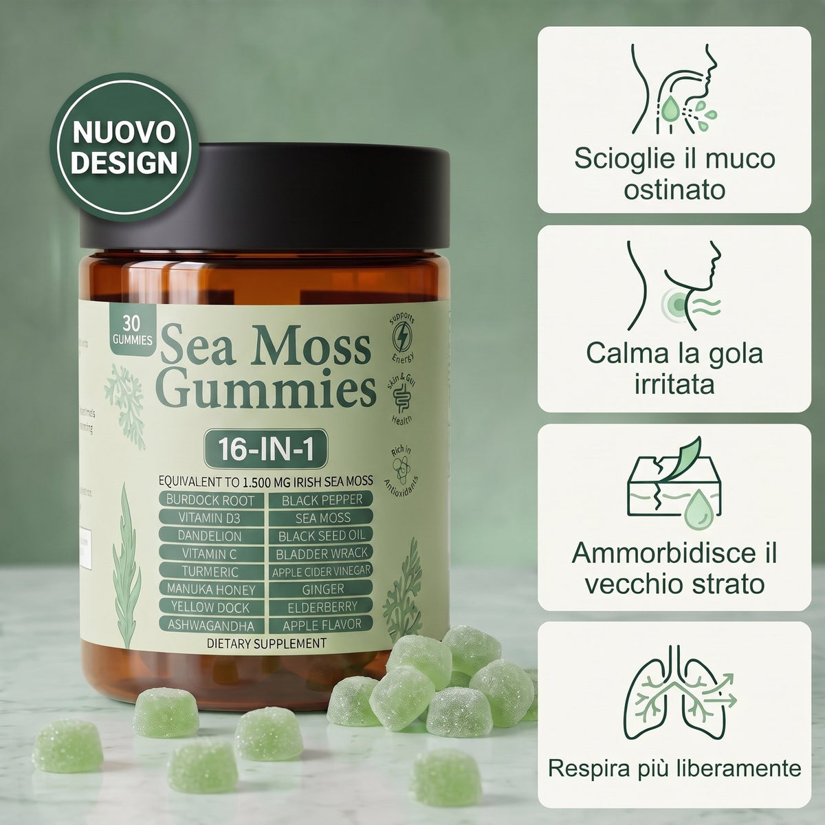 Barattolo con il nuovo design, gommose verdi e quattro benefici