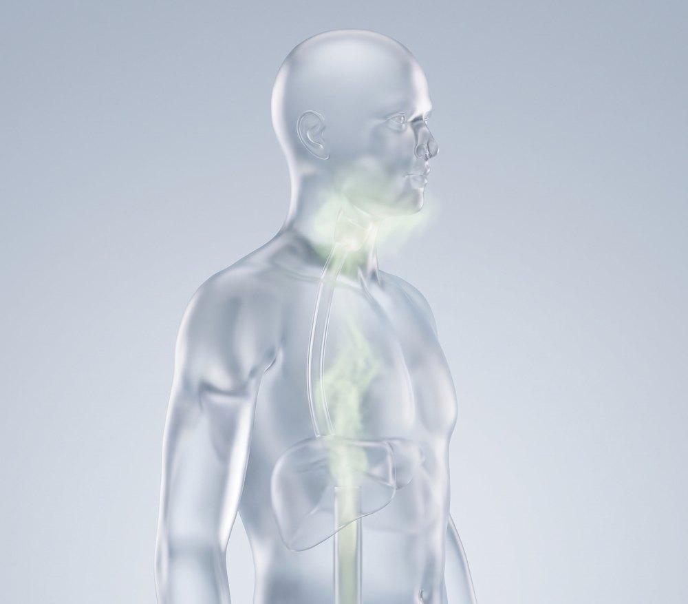 Eine gläserne Figur von der Seite: ein blasser grünlicher Nebel steigt vom Bauch durch die Brust bis in den Hals und legt sich dort ab