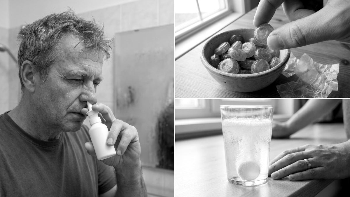 Drei Mittel in Schwarz-Weiß: ein Mann mit Nasenspray, eine Hand nimmt ein Halsbonbon, eine Brausetablette im Wasserglas