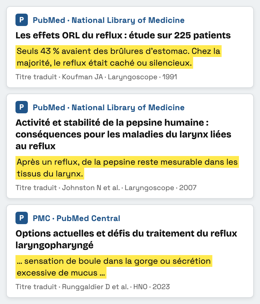 Trois fiches d’études l’une sous l’autre, chacune avec sa source, son titre et une phrase surlignée en jaune
