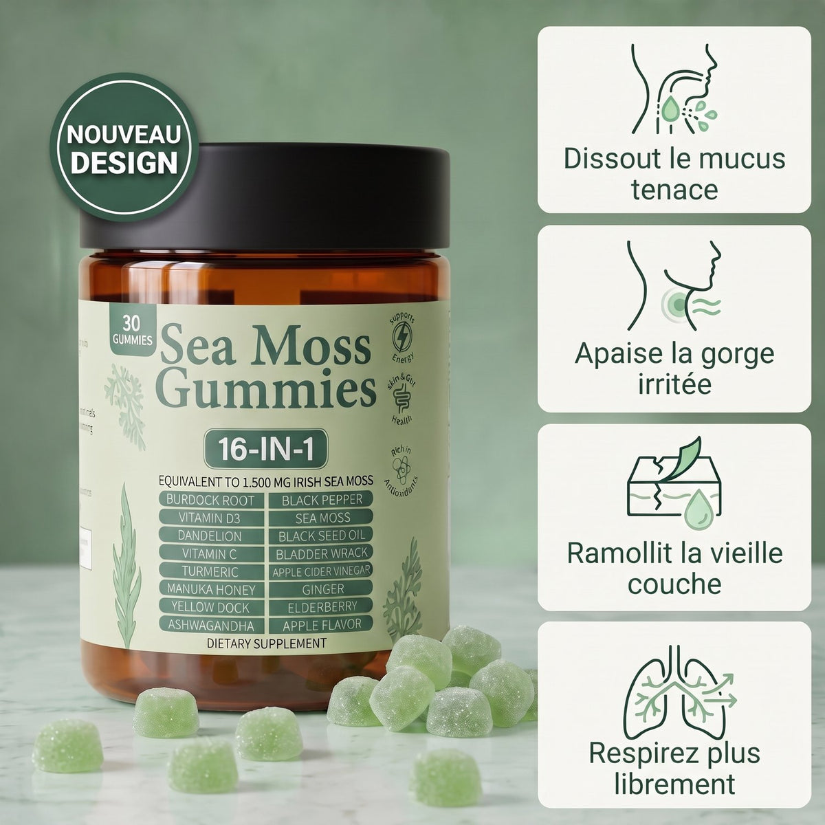Le pot au nouveau design avec des gummies verts et quatre bienfaits